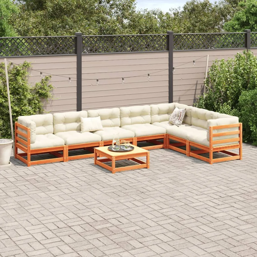 Salon de jardin 8 pcs avec coussins marron cire bois pin massif - 3