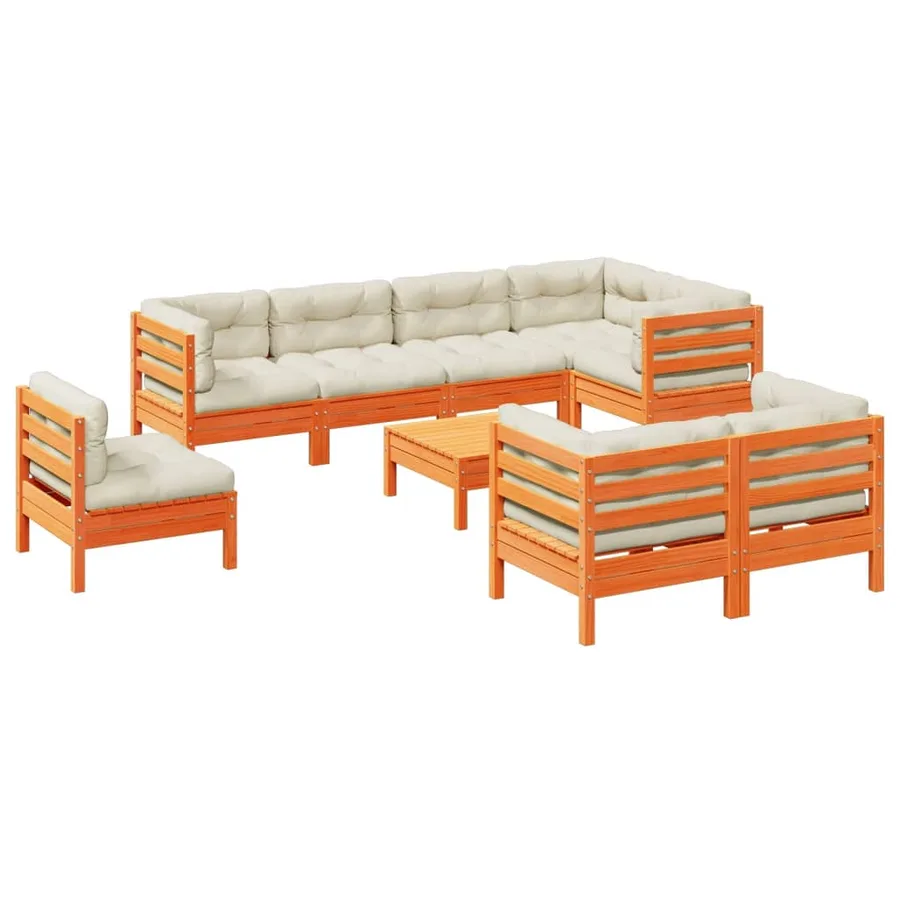 Salon de jardin 9 pcs avec coussins marron cire bois pin massif - 2