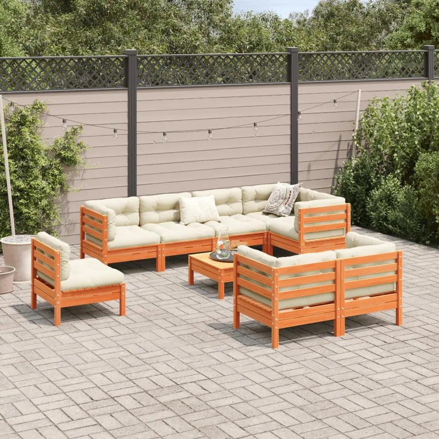 Salon de jardin 9 pcs avec coussins marron cire bois pin massif - 3