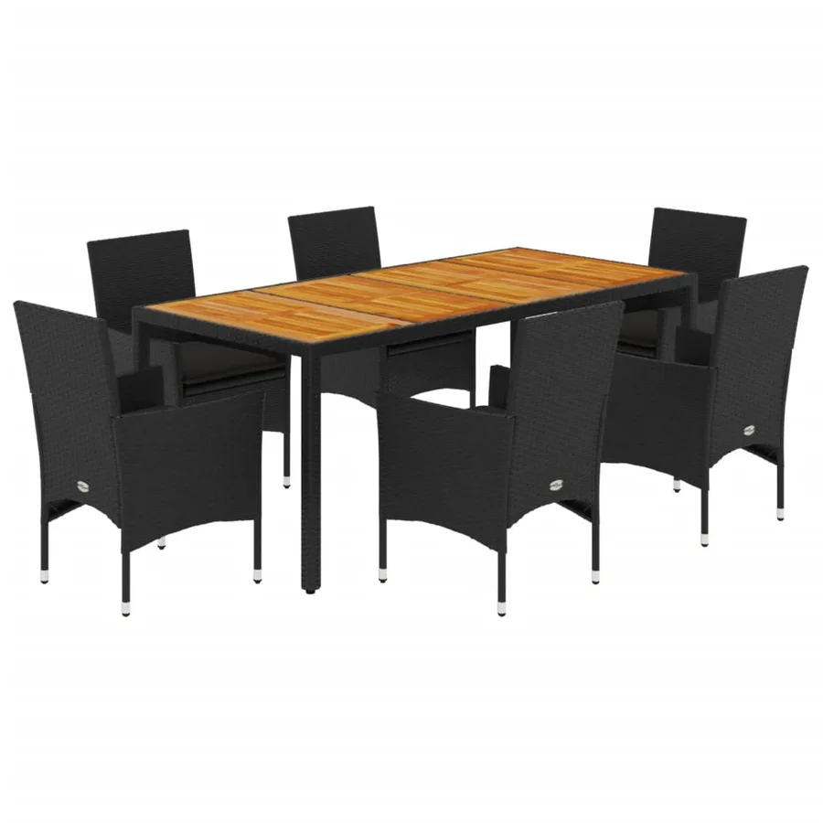 Ensemble à manger de jardin et coussins 7pcs noir rotin acacia - 2
