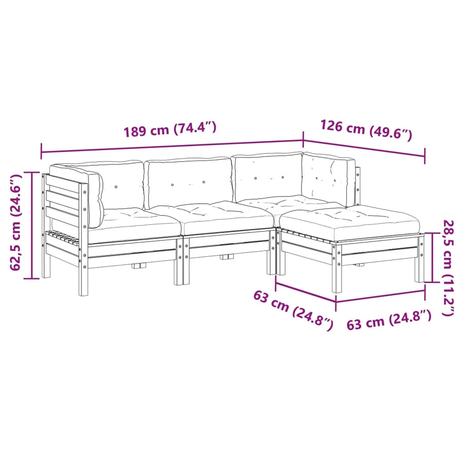 Salon de jardin 4 pcs avec coussins cire marron bois pin massif - 12