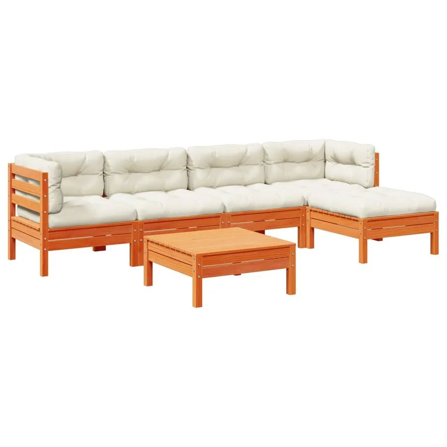 Salon de jardin 6 pcs avec coussins cire marron bois pin massif - 2