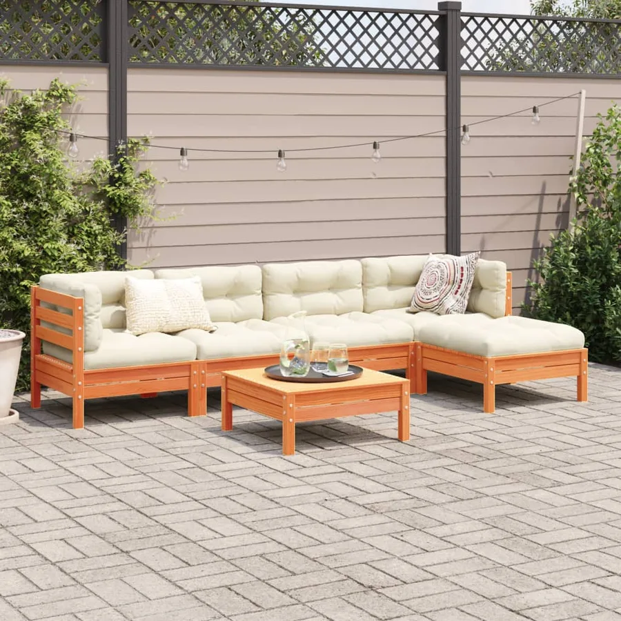 Salon de jardin 6 pcs avec coussins cire marron bois pin massif - 3