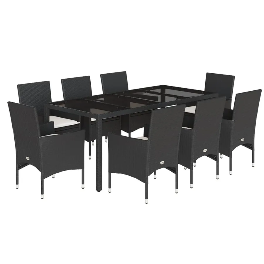 Ensemble à manger de jardin et coussins 9 pcs noir rotin verre - 2