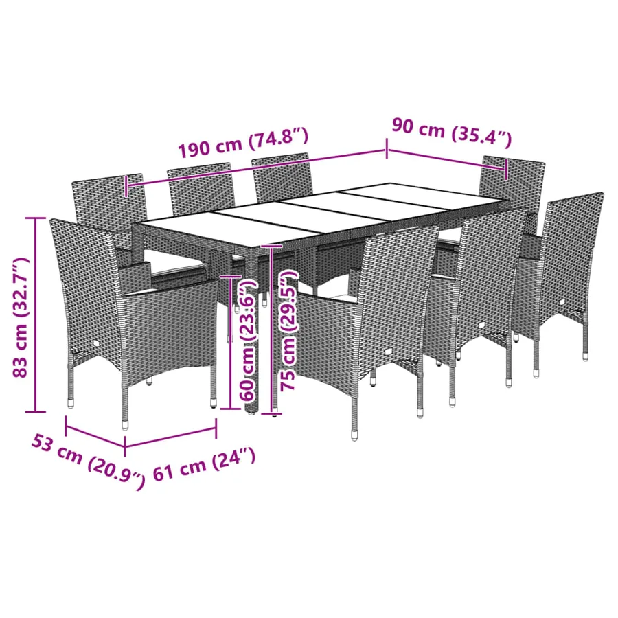 Ensemble à manger de jardin et coussins 9 pcs noir rotin verre - 7