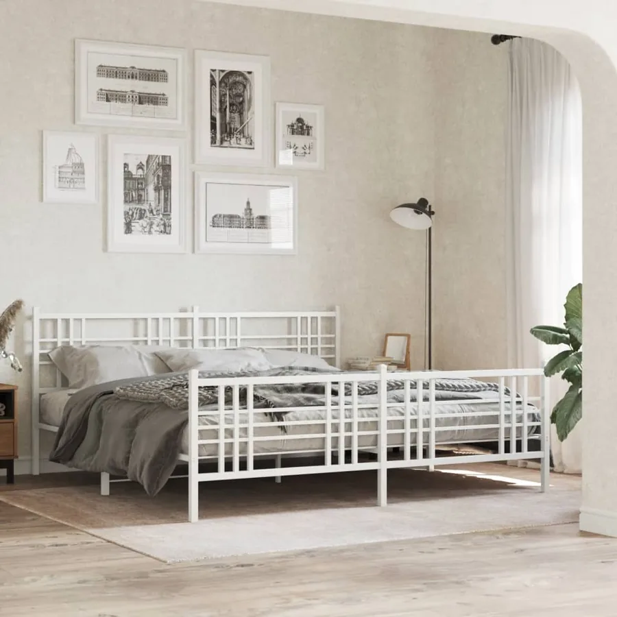 Cadre de lit métal sans matelas et pied de lit blanc 193x203 cm