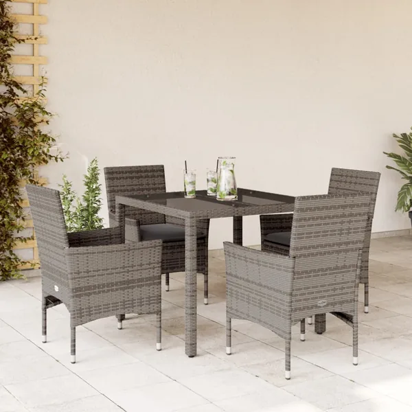 Ensemble à manger de jardin et coussins 5 pcs gris rotin verre