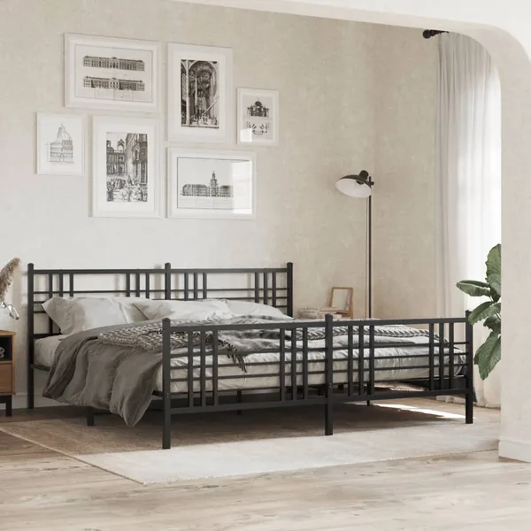 Cadre de lit métal sans matelas avec pied de lit noir 193x203cm