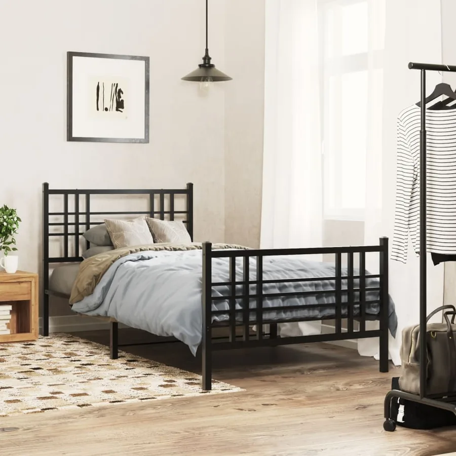 Cadre de lit métal sans matelas avec pied de lit noir 100x190cm