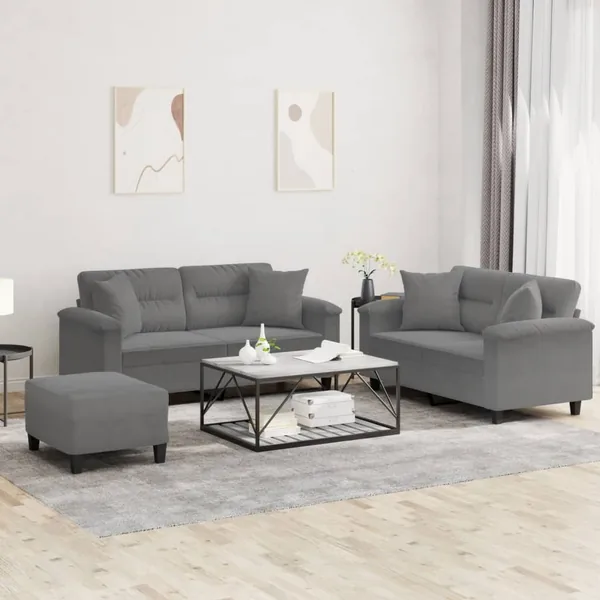 Ensemble de canapés 3 pcs coussins Gris foncé Tissu microfibre