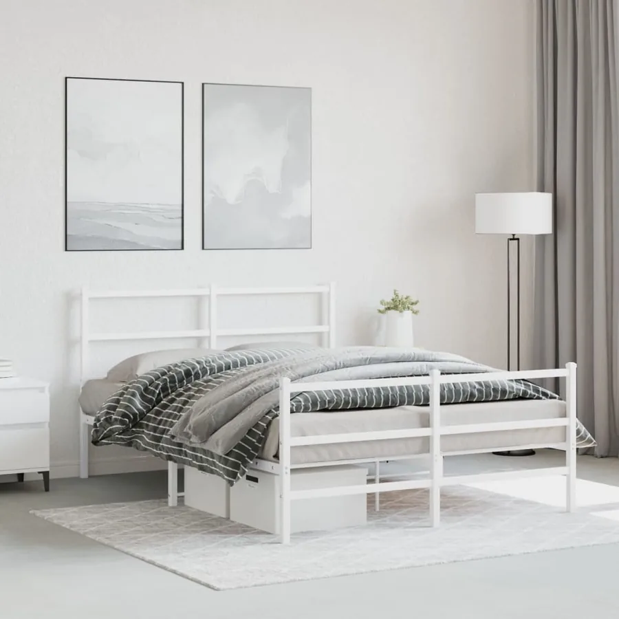 Cadre de lit métal sans matelas et pied de lit blanc 135x190 cm