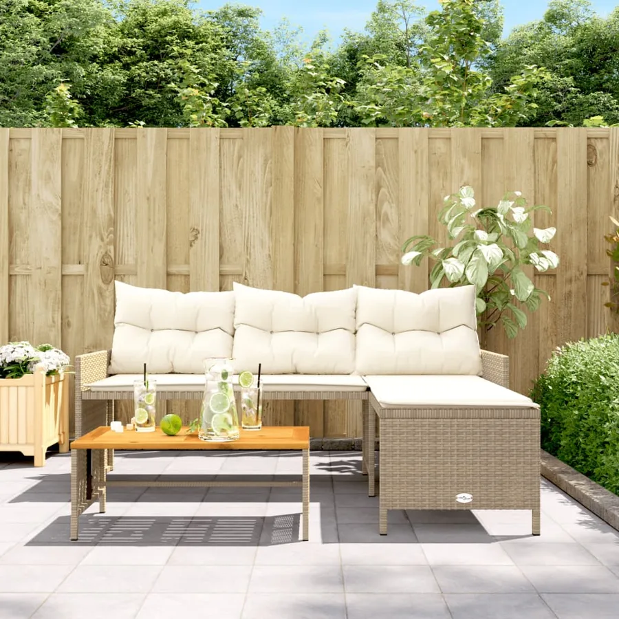 Canapé de jardin avec table et coussins en forme de L beige - 3