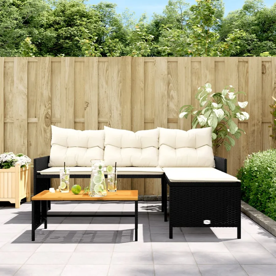 Canapé de jardin avec table et coussins en forme de L noir - 3