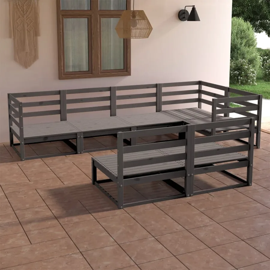 Salon de jardin 7 pcs Gris Bois de pin massif