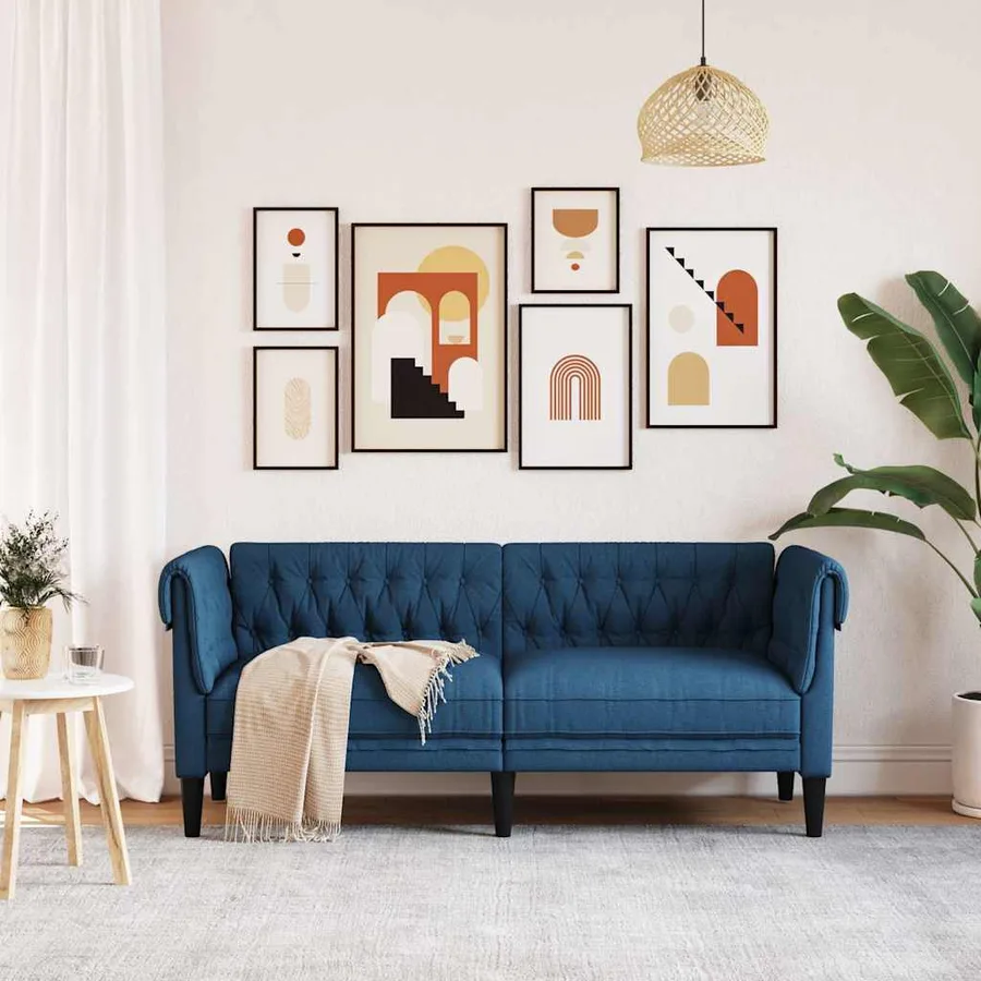 Canapé Chesterfield 2 places bleu tissu - 3
