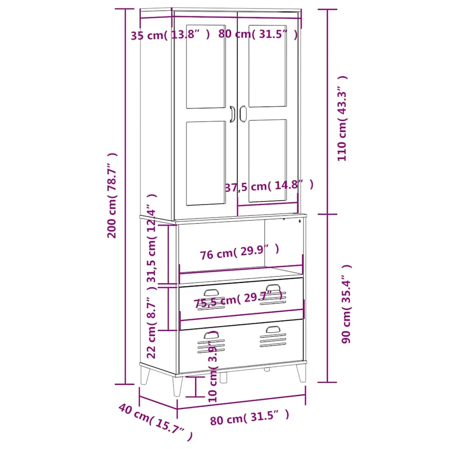 Buffet VIKEN blanc 80x40x200 cm bois massif de pin - 12