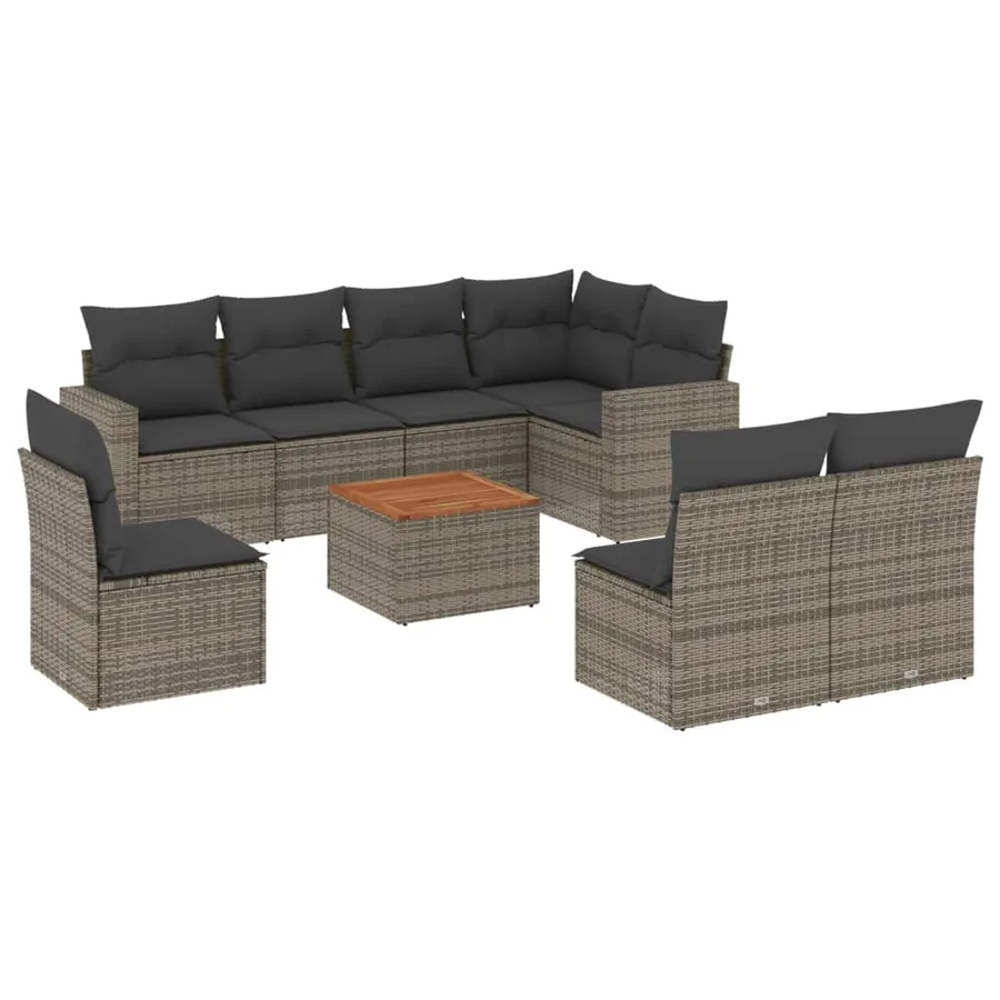Salon de jardin 9 pcs avec coussins gris résine tressée - 2
