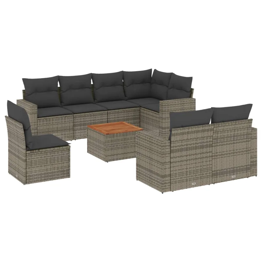 Salon de jardin 9 pcs avec coussins gris résine tressée - 2