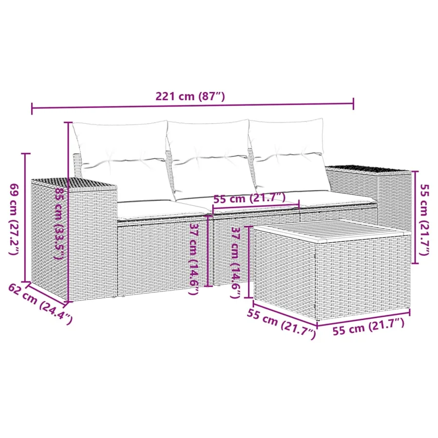 Salon de jardin 4 pcs avec coussins gris résine tressée - 3