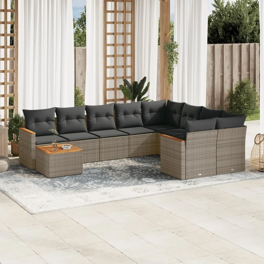 Salon de jardin avec coussins 10 pcs gris résine tressée