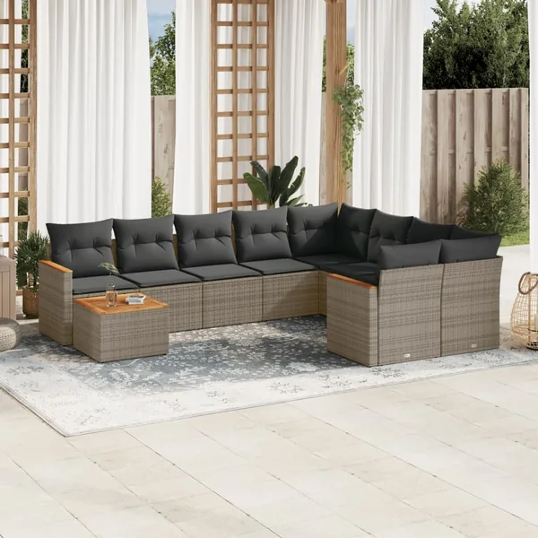 Salon de jardin avec coussins 10 pcs gris résine tressée