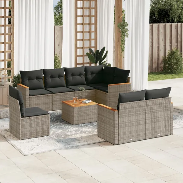 Salon de jardin 9 pcs avec coussins gris résine tressée