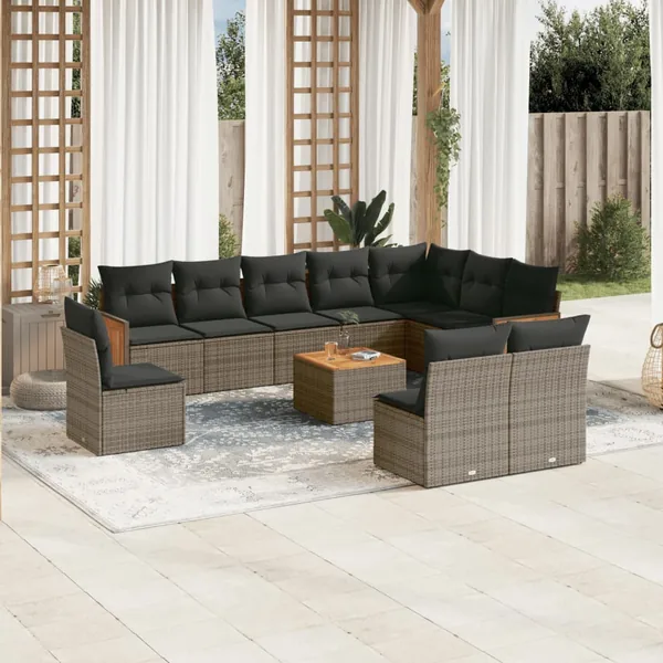 Salon de jardin 11 pcs avec coussins gris résine tressée