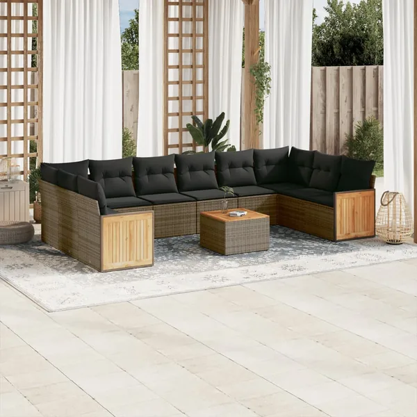 Salon de jardin 11 pcs avec coussins gris résine tressée