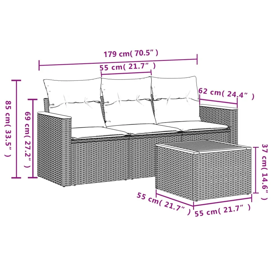 Salon de jardin 4 pcs avec coussins gris résine tressée - 7