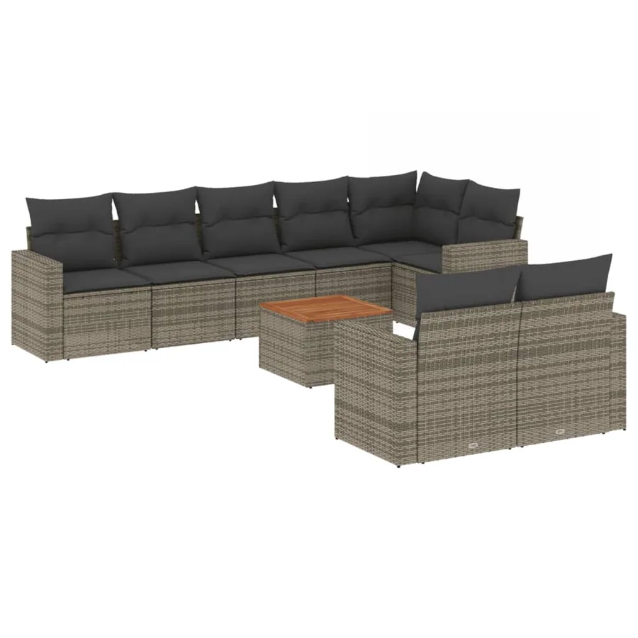 Salon de jardin 9 pcs avec coussins gris résine tressée - 2