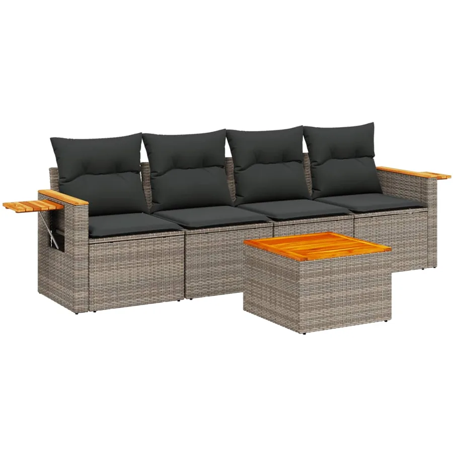 Salon de jardin 5 pcs avec coussins gris résine tressée - 2