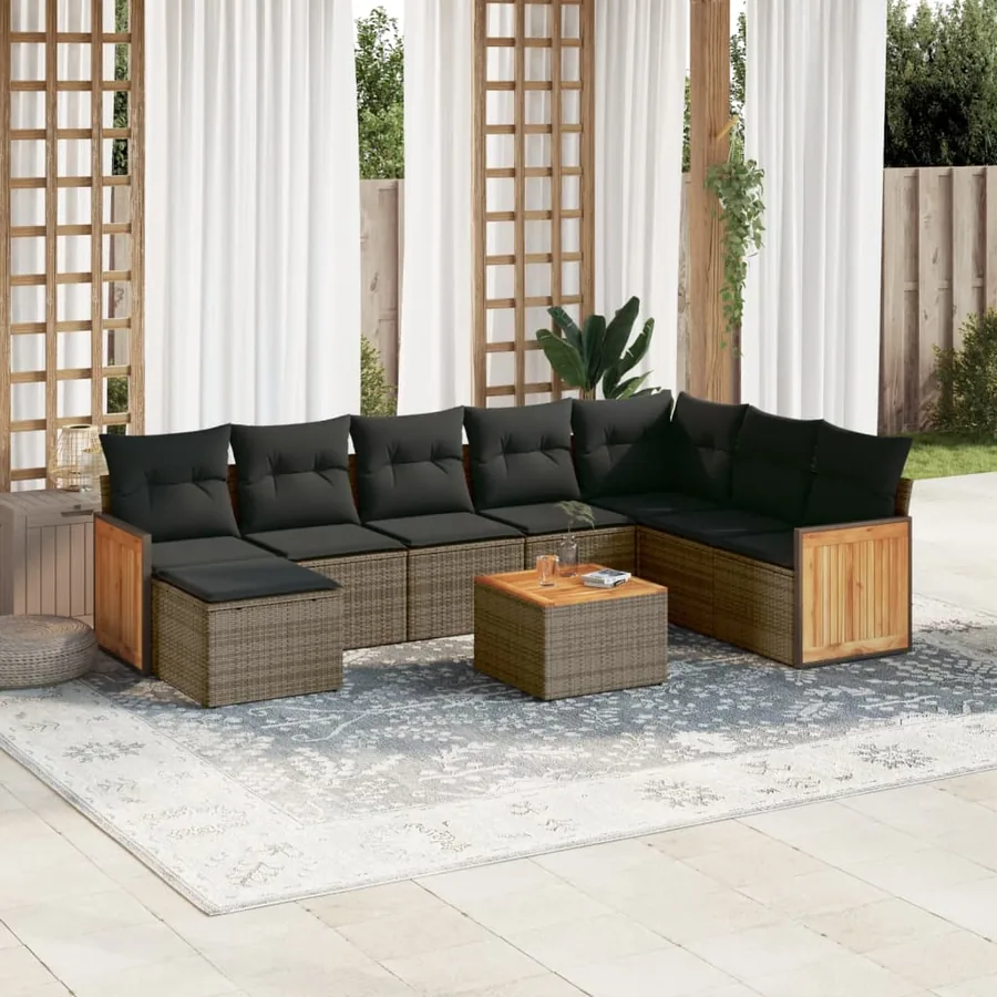 Salon de jardin 9 pcs avec coussins gris résine tressée