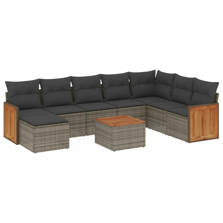 Salon de jardin 9 pcs avec coussins gris résine tressée - 2
