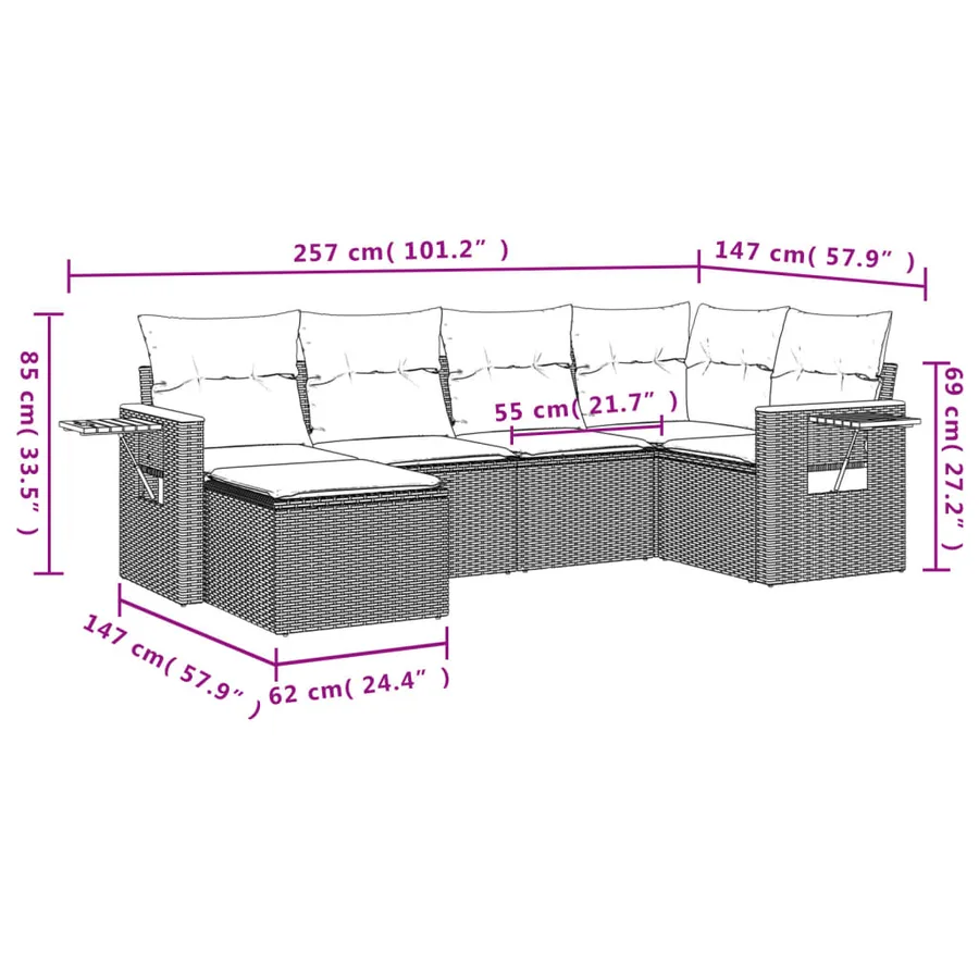 Salon de jardin 6 pcs avec coussins gris résine tressée - 9
