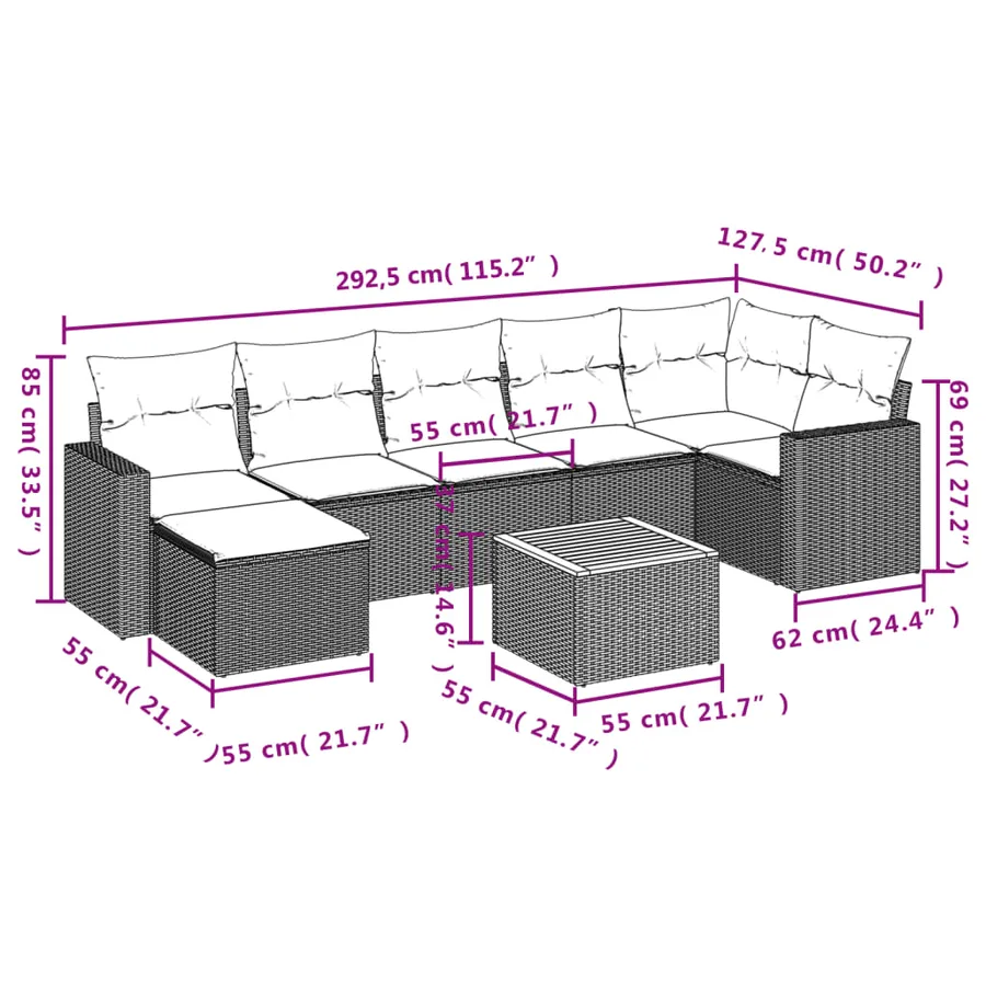 Salon de jardin 8 pcs avec coussins gris résine tressée - 3