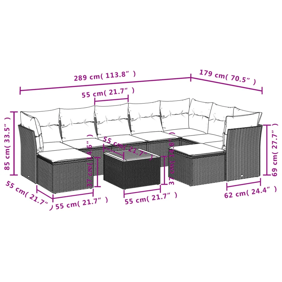 Salon de jardin avec coussins 10 pcs gris résine tressée - 3