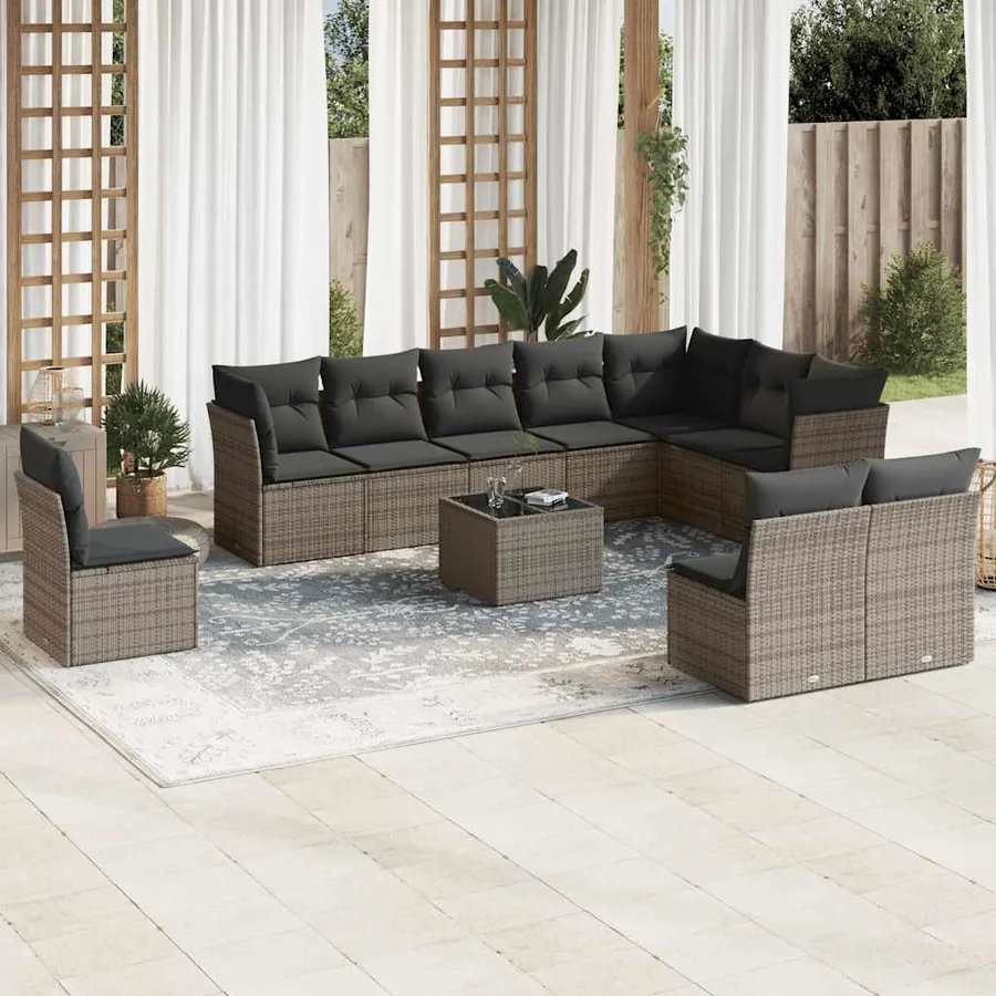 Salon de jardin 11 pcs avec coussins gris résine tressée