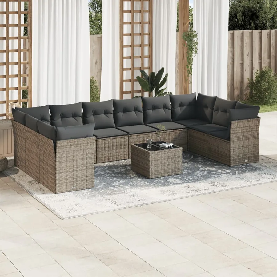 Salon de jardin 11 pcs avec coussins gris résine tressée
