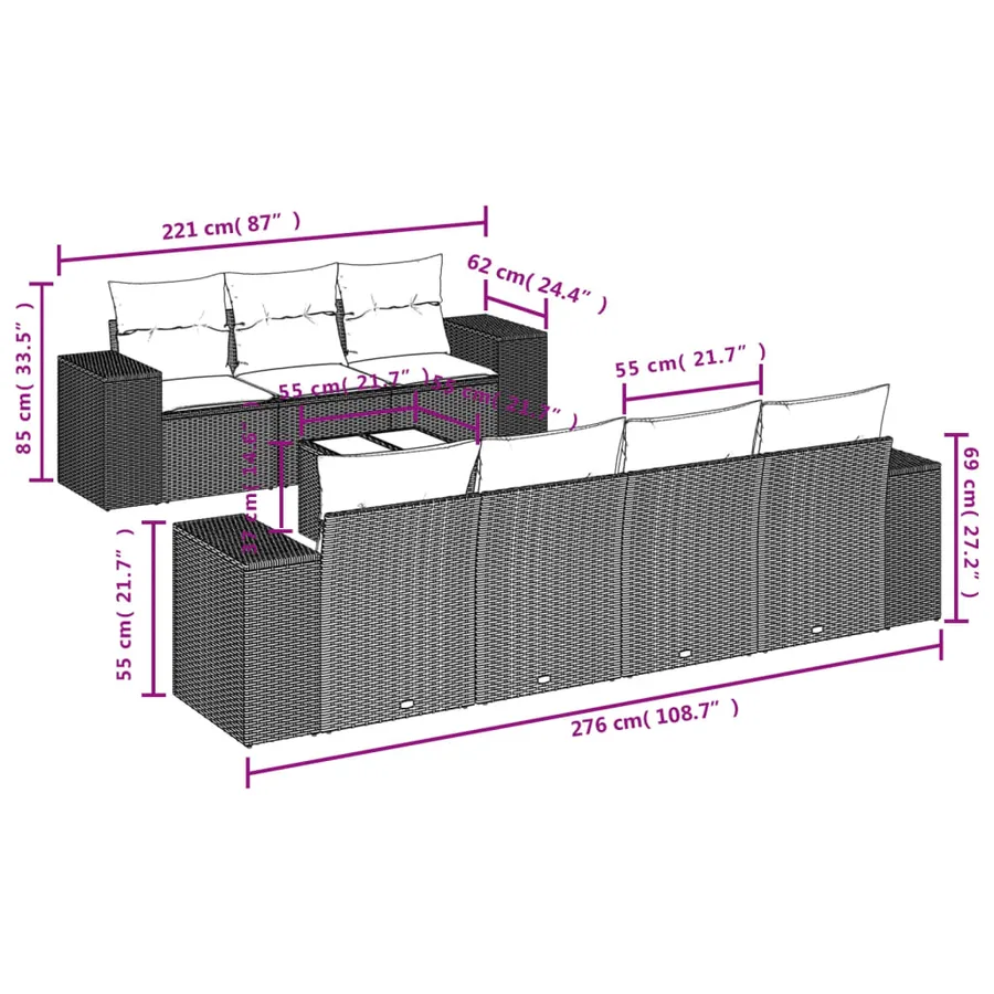 Salon de jardin 8 pcs avec coussins gris résine tressée - 7