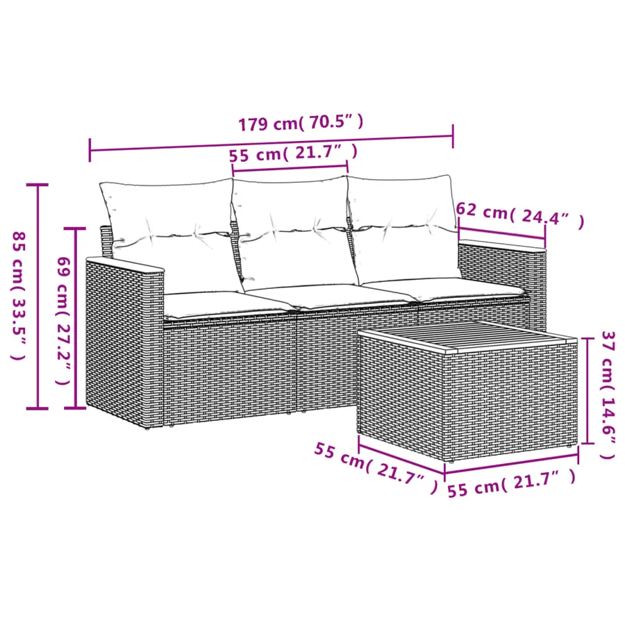 Salon de jardin 4 pcs avec coussins gris résine tressée - 3
