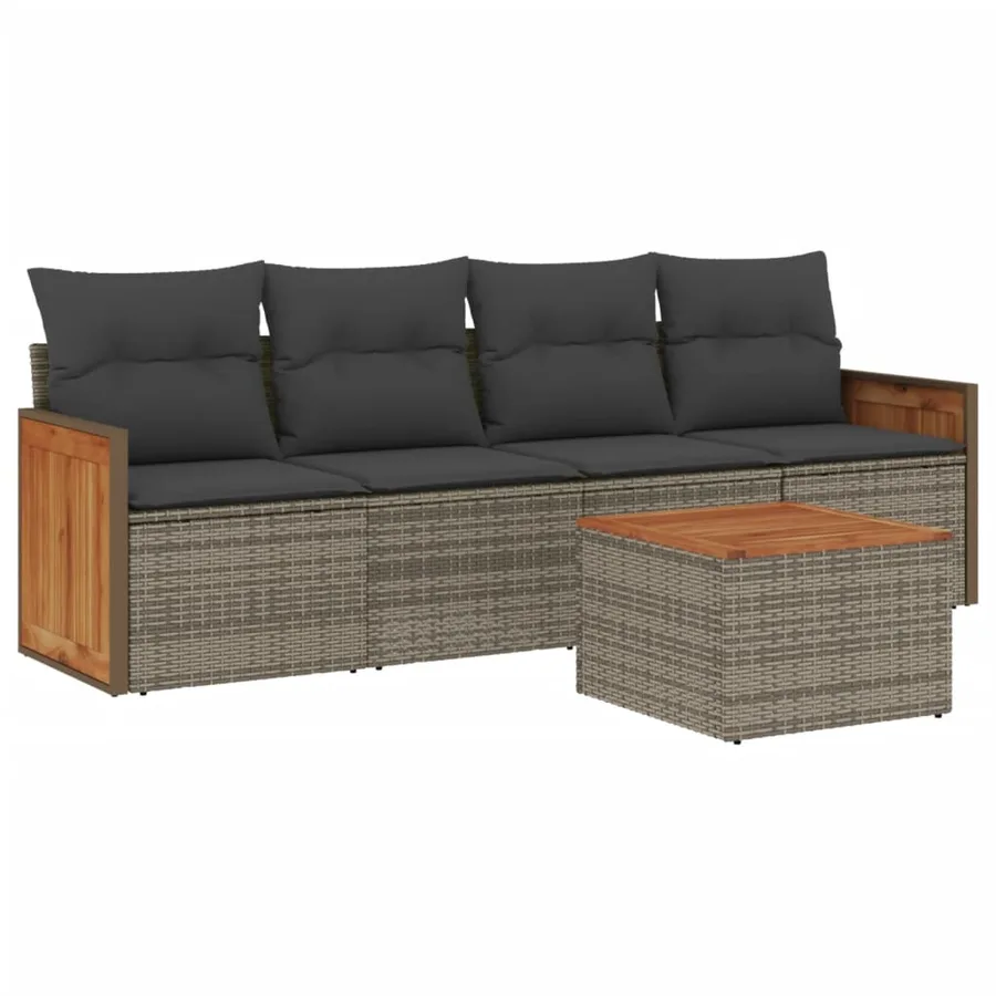 Salon de jardin 5 pcs avec coussins gris résine tressée - 2