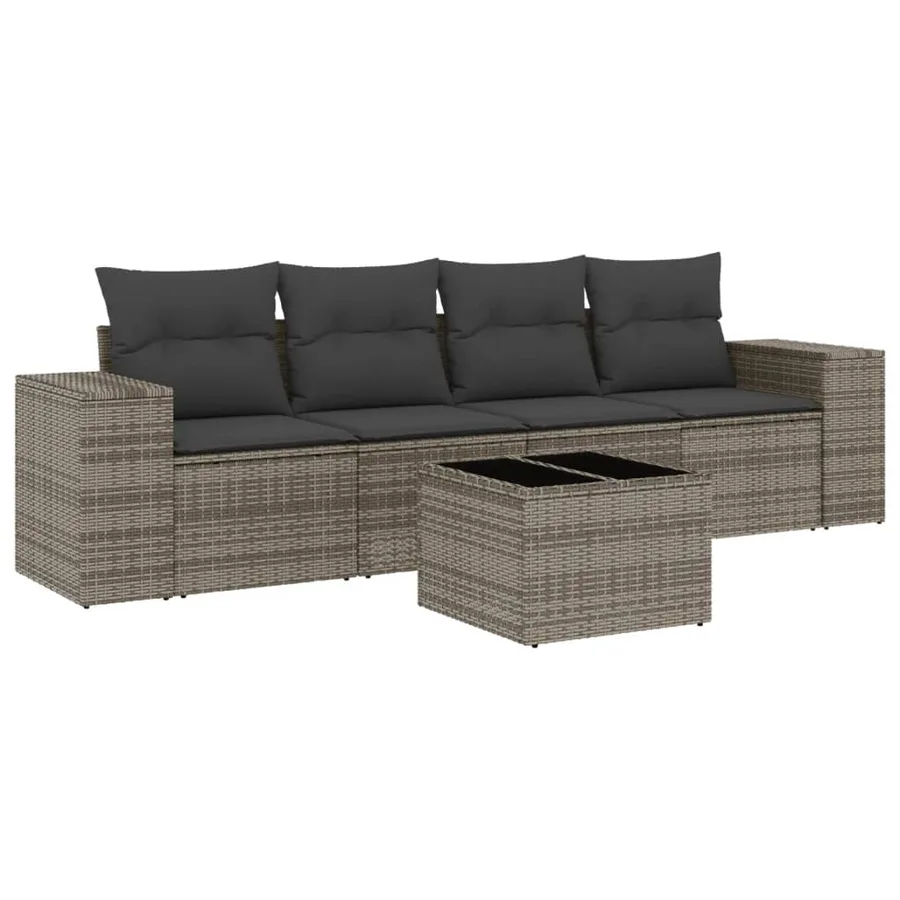 Salon de jardin 5 pcs avec coussins gris résine tressée - 2