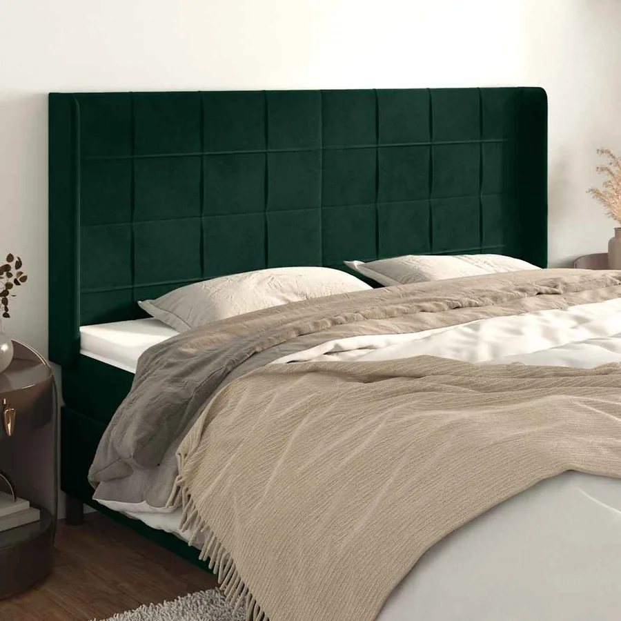 Tête de lit avec oreilles Vert foncé 203x16x118/128 cm Velours