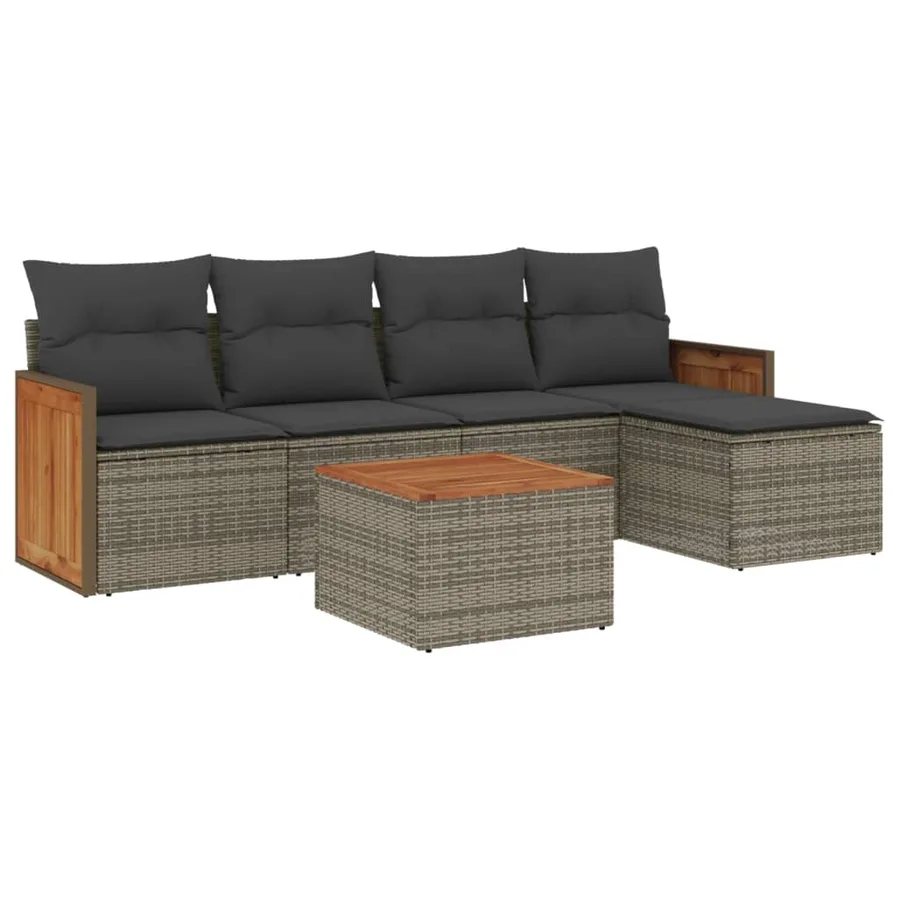 Salon de jardin 6 pcs avec coussins gris résine tressée - 2
