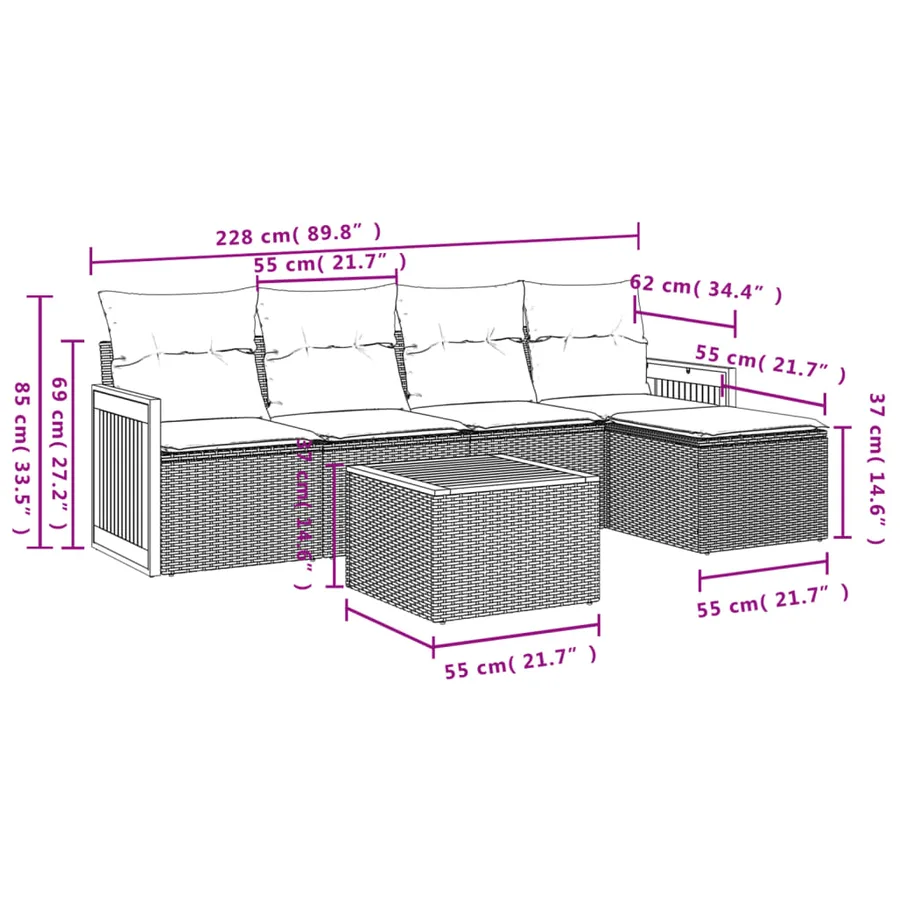Salon de jardin 6 pcs avec coussins gris résine tressée - 3