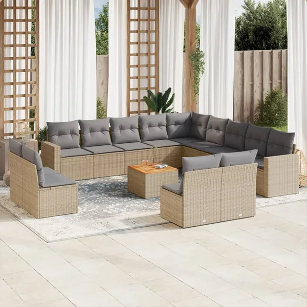 Salon de jardin et coussins 14 pcs mélange beige résine tressée