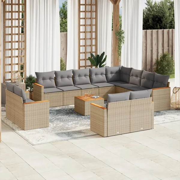 Salon de jardin avec coussins 13 pcs beige résine tressée