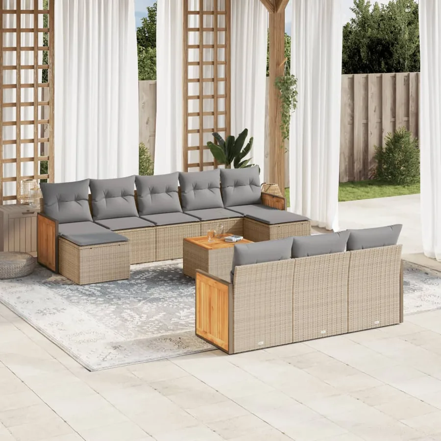 Salon de jardin 11 pcs avec coussins beige résine tressée