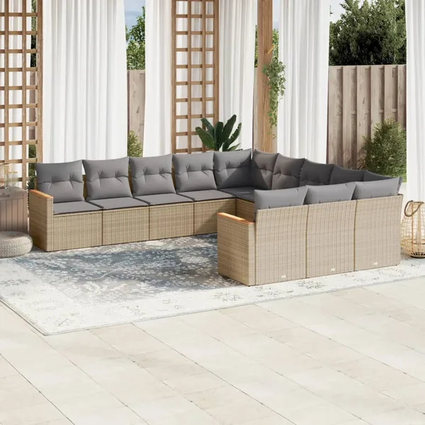 Salon de jardin 11 pcs avec coussins beige résine tressée