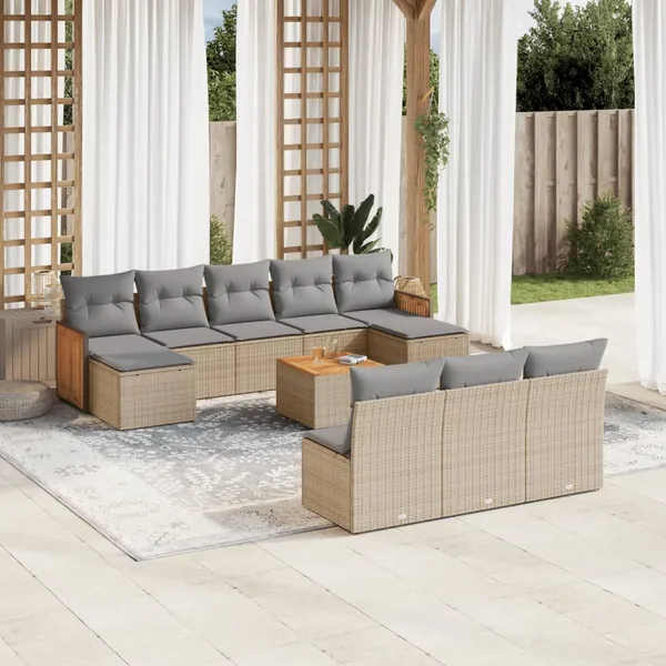 Salon de jardin 11 pcs avec coussins beige résine tressée